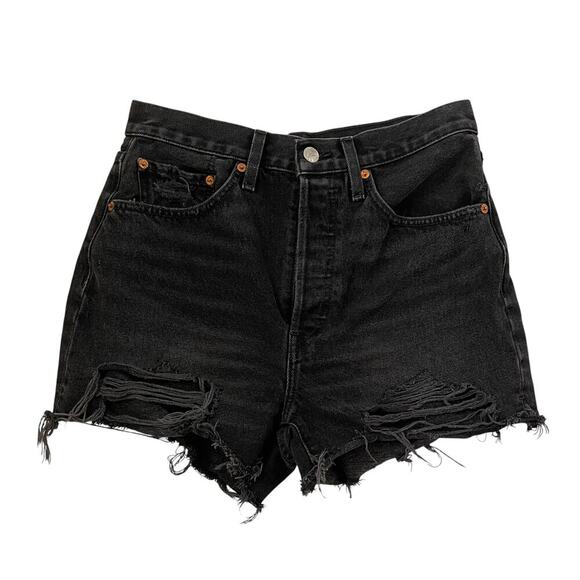 Re/Done Black Distressed Jean Shorts - Picture 3 of 8